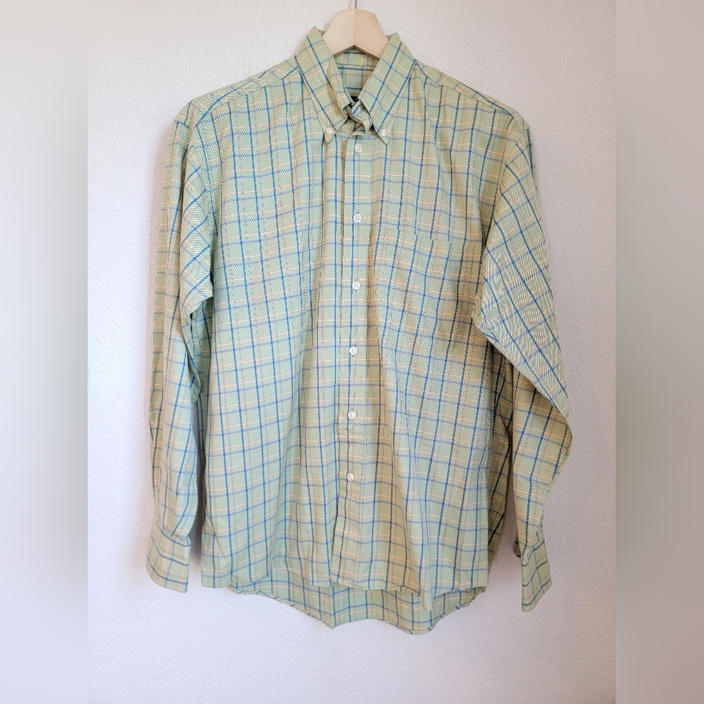 Burberry Men’s Green Plaid Button Down Cotton Dress Shirt Size Medium